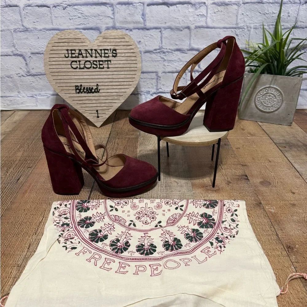 Free People size 41 10 Burgundy Remi Double Strap Suede Platform Shoes